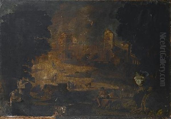 An Italianate Landscape With Boys Fishing And Monks Reading In The Foreground, A Waterfall And Town Beyond - view 1