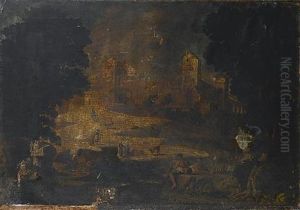An Italianate Landscape With Boys Fishing And Monks Reading In The Foreground, A Waterfall And Town Beyond by Pietro Montanini