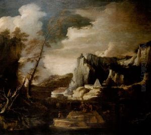 A River Landscape With Anglers On The Rocks In The Foreground by Pietro Montanini