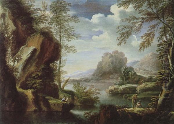 Gebirgige Fluslandschaft Mit Figuren - view 1