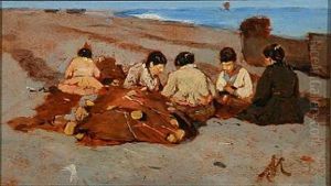 Italian Fishermen's Wives Clean Nets On The Beach by Eduardo Monteforte