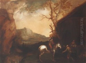 Mountainous Landscape With A Rider And Figures Conversing Before A Barn by Francesco (Cecco Bravo) Montelatici