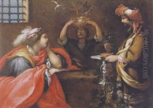 An Elegant Youth Being Attended By Servants With Food And Wine In Prison