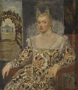 Portrait Of A Noblewoman, In An Elaborate Dress With High Lace Collar, A Palazzo In A Garden Beyond by Francesco Montemezzano