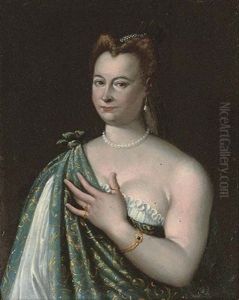 Portrait Of A Courtesan Wearing A Loose White Chemise And Green And Gold Embroidered Shawl Over Her Right Shoulder