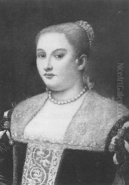 Portrait Of A Lady, Wearing A Green Velvet Dress Embroidered With Lace And Pearl Jewellery - view 1