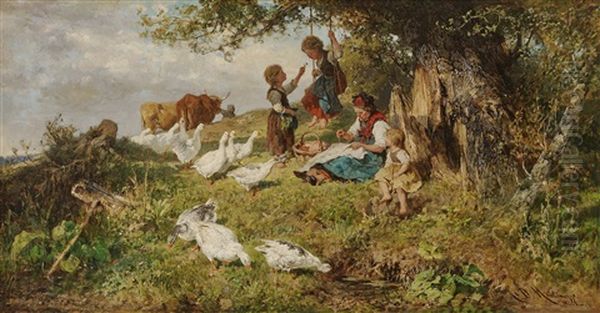 Dachau Farmers Wife With Children And Geese - view 1