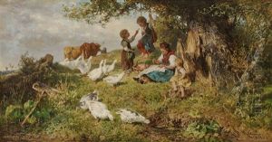 Dachau Farmers Wife With Children And Geese by Antonis Matteo Montemezzo