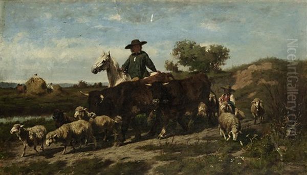 Bauer Zu Pferd Mit Kuhen Und Schafen - view 1