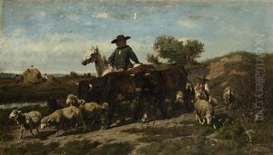 Bauer Zu Pferd Mit Kuhen Und Schafen