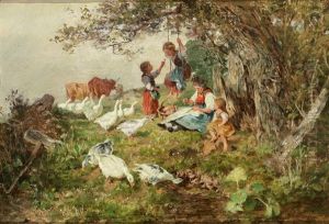 Landliches Idyll Mit Spielenden Kindern, Bauerin Und Ganseschar An Einem Fruhlingstag Landliches Idyll Mit Spielenden Kindern, Bauerin Und Ganseschar An Einem Fruhlingstag