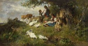 Dachauer Bauerin Mit Kindern Und Gansen Am Waldrand