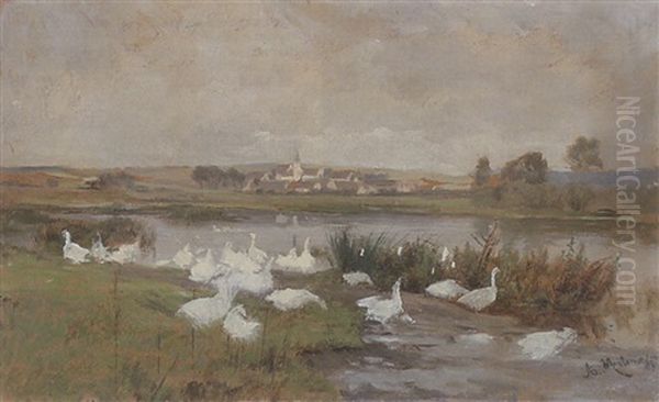 Ganseherde Am Fluss, Im Hintergrund Dorfansicht - view 1