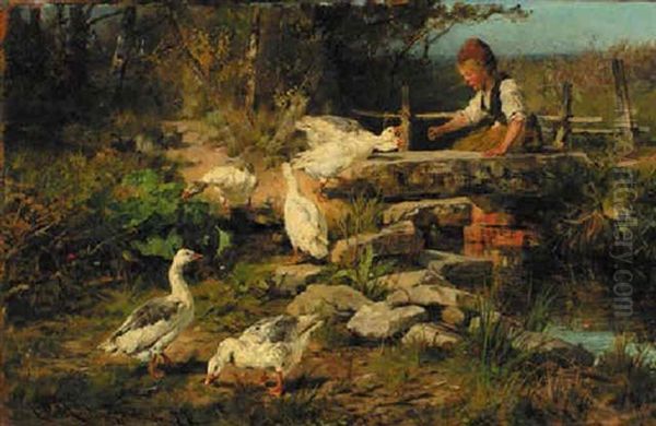 A Peasant Girl Feeding Geese - view 1