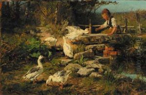 A Peasant Girl Feeding Geese by Antonis Matteo Montemezzo