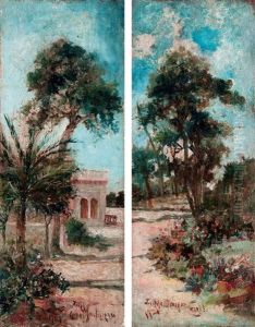 Pabellon En Un Jardin Y Camino Con Arboles Y Macetas (pair) Pabellon En Un Jardin Y Camino Con Arboles Y Macetas (pair)