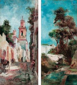 Calle De Jerez Con Burros Y Arboles Con Joven Paseando (pair) Calle De Jerez Con Burros Y Arboles Con Joven Paseando (pair)