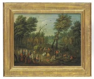 A Village Landscape With A Crowd Of Peasants And Fishermen Unloading Their Catch, A River And Cottages Beyond
