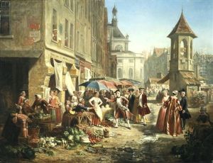A Parisian Market Scene by Adolphe Francois Montfallet