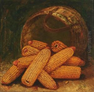 A Still Life Of Overturned Bent Wood Basket Spilling Ears Of Corn