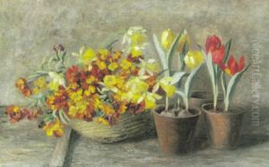 Stilleben Mit Fruhlingsblumen, Tulpen, Osterglocken Und Goldlack