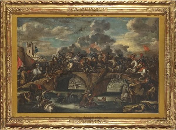 Scontro Su Un Ponte Tra Due Opposte Cavallerie Con Trombettieri E Porta Bandiere - view 1