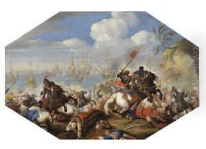 A Cavalry Skirmish With A Harbor Scene Beyond A Cavalry Skirmish With A Harbor Scene Beyond