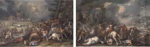 A Cavalry Battle Before A Fortified Castle (+ A Cavalry Skirmish With A Fortified Castle Beyond; Pair) by Francesco Monti