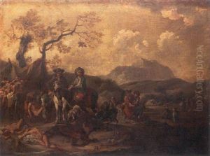An Italianate Landscape With Infantry And Cavalry By A Camp by Francesco Monti