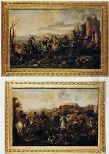 Scontro Di Cavalleria Accanto A Ruderi by Francesco Monti