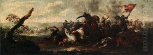 A Cavalry Battle Scene With Soldiers Fighting The Turks by Francesco Monti