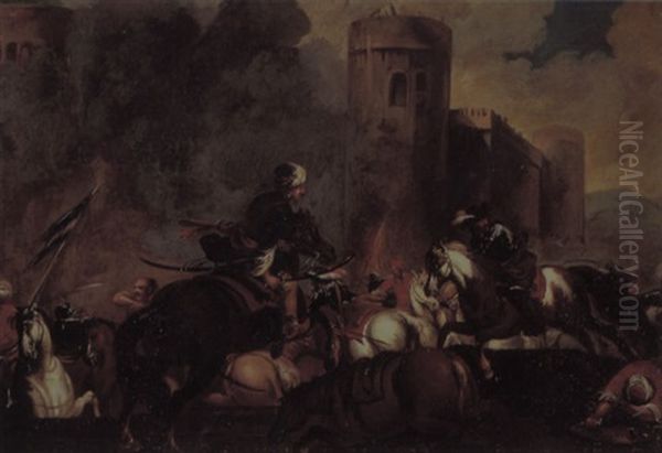 A Calvary Skirmish Outside The Walls Of A Castle - view 1