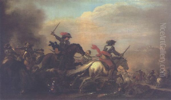 A Cavalry Skirmish With A Fortified Town On A Hilltop Beyond - view 1
