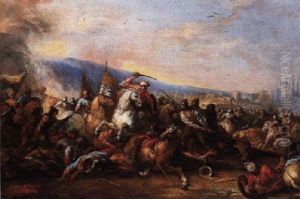 A Battle Scene Between Christians And Turks Before The Gates Of Constantinople, A View Of Hagia Sophia Beyond by Francesco Monti