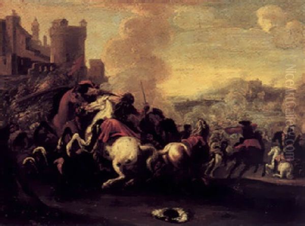 A Battle Scene Outside A Fortified Hilltop Town - view 1