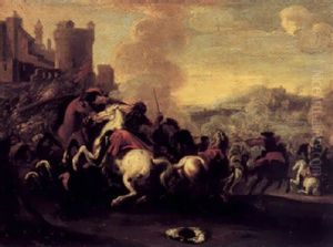 A Battle Scene Outside A Fortified Hilltop Town