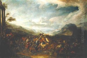 A Cavalry Battle By Classical Ruins In An Extensive Landscape
