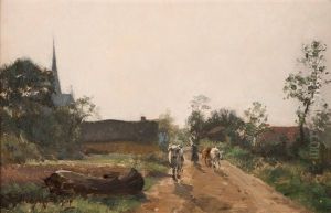 Landscape With Houses, Figure And Cow by Jules Montigny