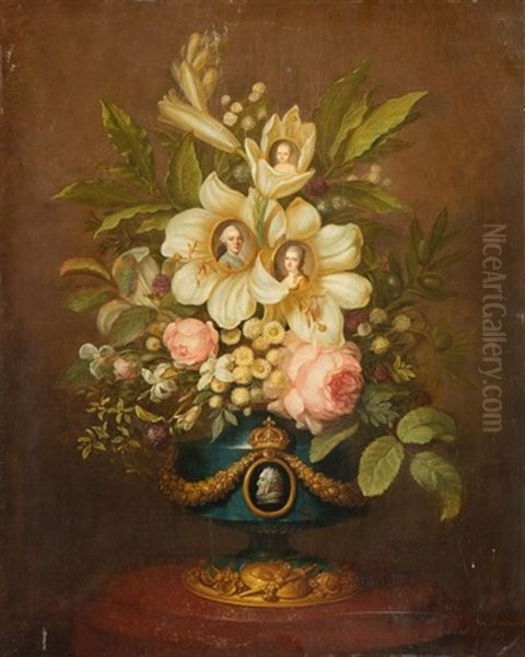 Fleurs Dans Un Vase Ou Se Voient Les Portraits D"henri Iv, De Monseigneur Le Duc & De Madame La Duchesse De Chartres, & De Monseigneur Le Duc De Valois - view 1
