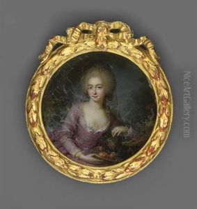 A Young Lady, Holding A Basket Of Fruit On Her Lap, In Lace-bordered Pale Purple Dress With Lace Cuffs