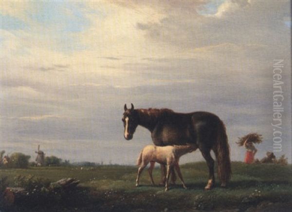 A Mare And Foal In A Landscape, A Windmill Beyond - view 1