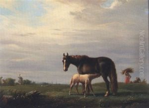 A Mare And Foal In A Landscape, A Windmill Beyond A Mare And Foal In A Landscape, A Windmill Beyond