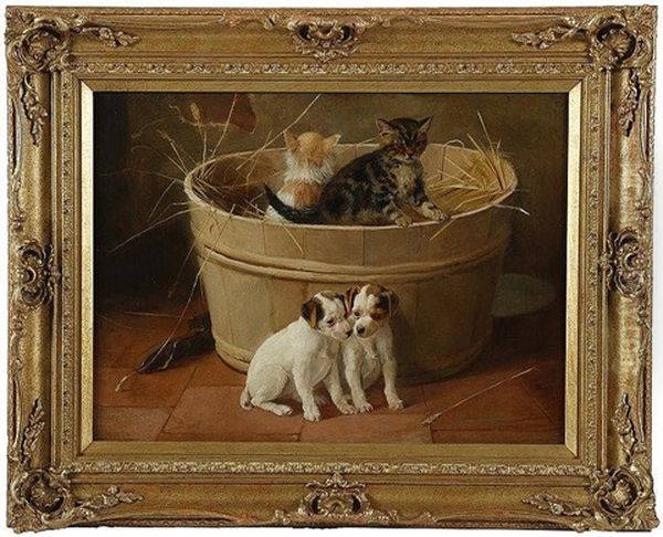 Young Friends, Kittens And Puppies At Play by Fannie Moody