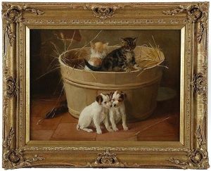 Young Friends, Kittens And Puppies At Play by Fannie Moody