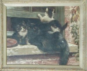 Cats Playing On Window Sill by Fannie Moody