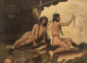 Two Seated Indians Painting A Hide by Carl Moon
