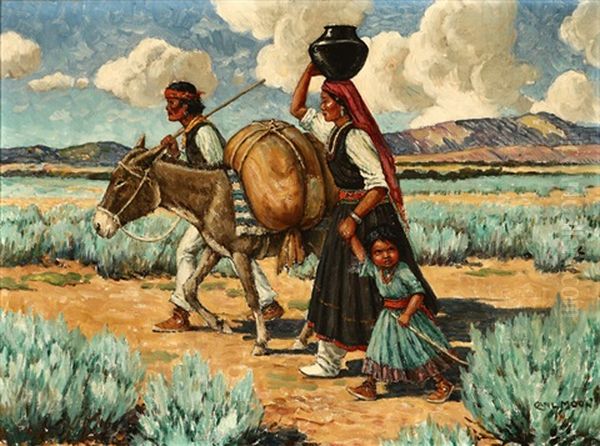 Early Morning, Santa Clara Indians, Indian Family With Burro - view 1