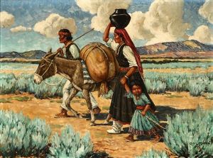 Early Morning, Santa Clara Indians, Indian Family With Burro by Carl Moon