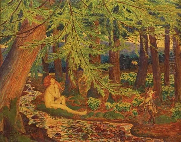 The Enchanted Wood-a Reclining Male Nude, The Shepherd Daphnis, With Goats In A Wooded Landscape - view 1