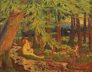 The Enchanted Wood-a Reclining Male Nude, The Shepherd Daphnis, With Goats In A Wooded Landscape by Robert James Enraght Moony